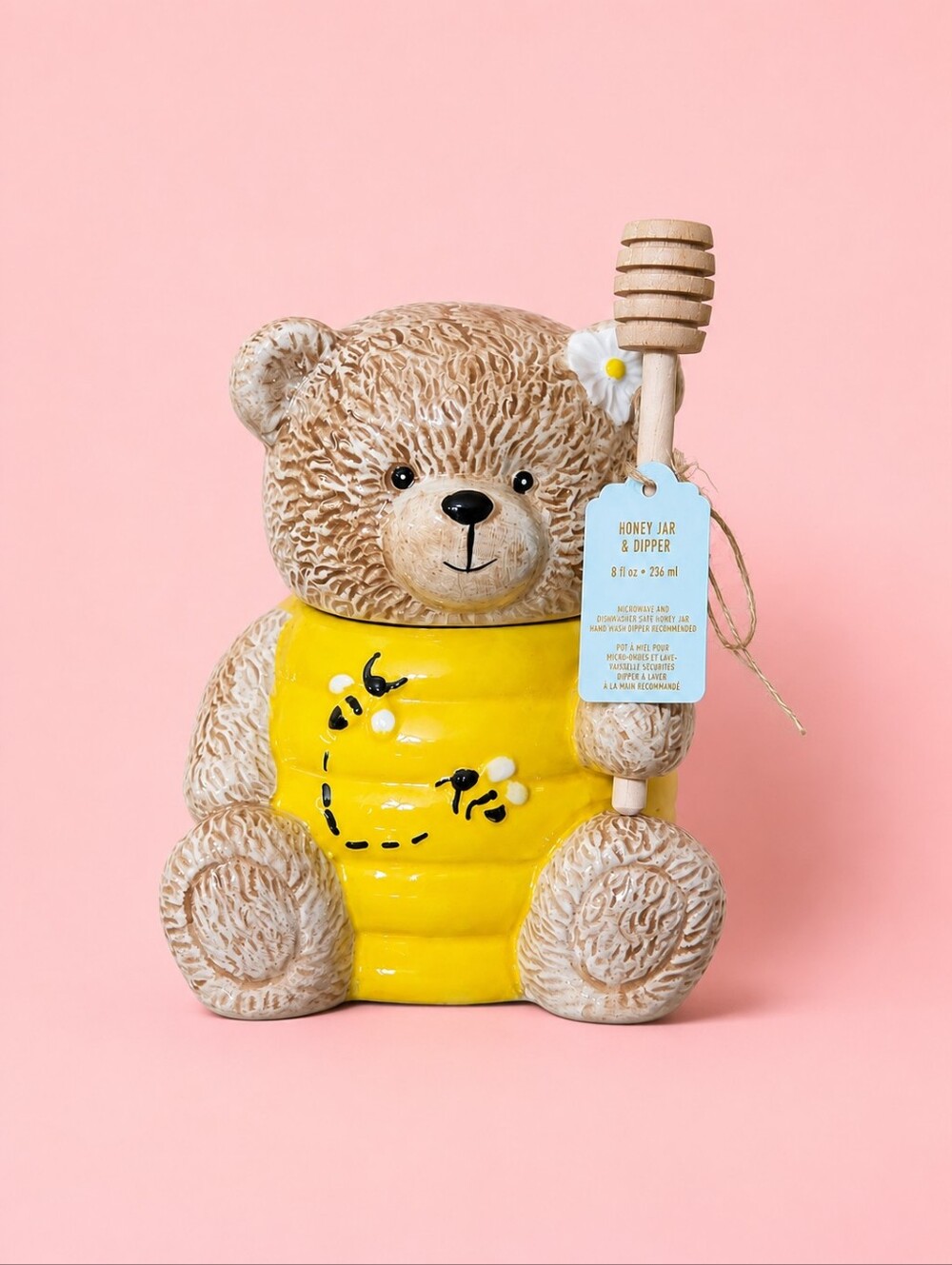 Honey Bear Jar & Dipper - Yellow Jar with Natural Wood Dipper